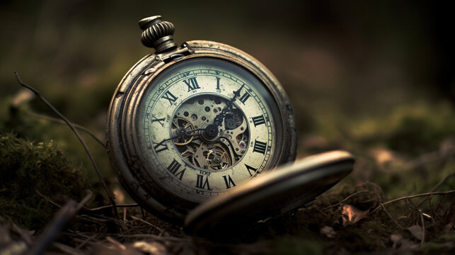 A Moment in Time: Pocket Watch on Moss in Serene Forest Setting. Ai Generative.