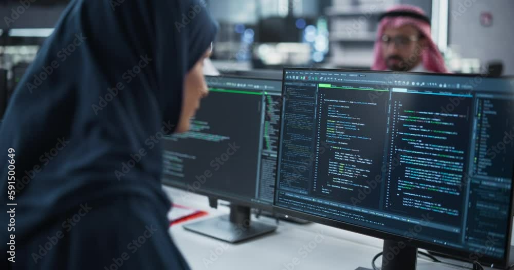 Aufkleber Smart Muslim Engineer Working on Computer in a Technological Corporate Office. Young Arab Woman in Hijab Developing Software for an Innovative Internet Service Provider. Close Up Portrait