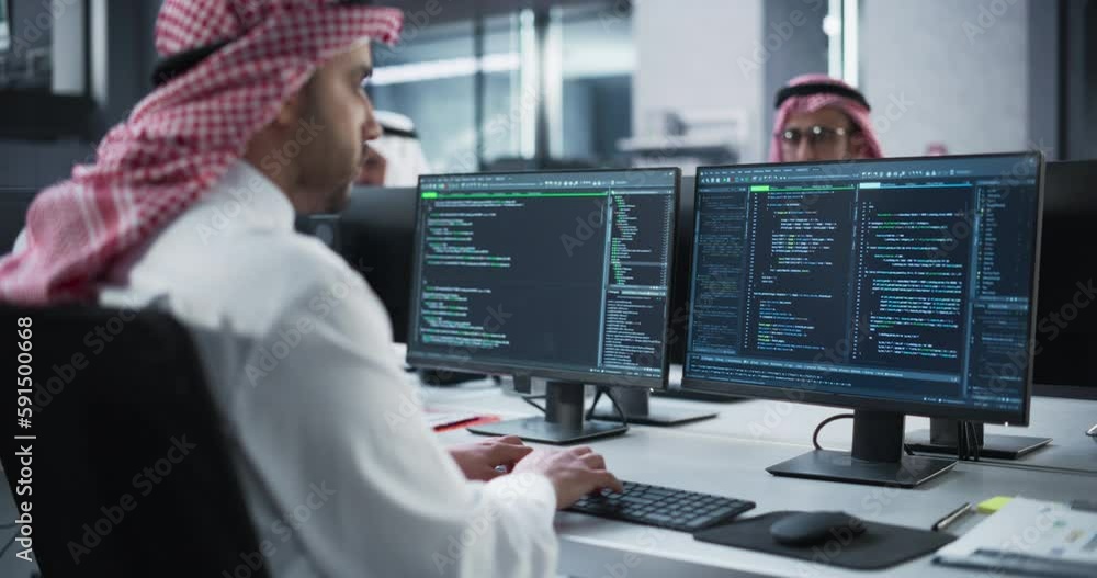 Poster Arab Telecommunications Manager Working in a Research and Development Facility on a Desktop Computer. Focused Middle Eastern Software Engineer Updating Server System Database