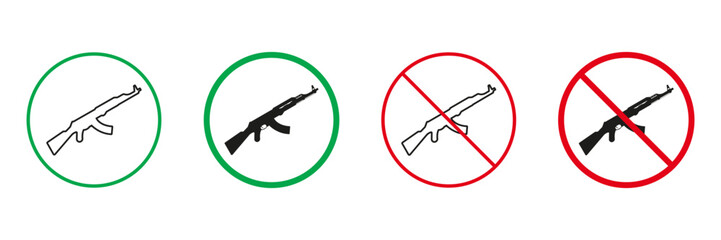 Ak47 Red and Green Warning Signs. Weapon, Assault Rifle Line and Silhouette Icons Set. Allowed and Prohibited Machine Gun Pictogram. AK 47 Kalashnikov Sign. Isolated Vector Illustration