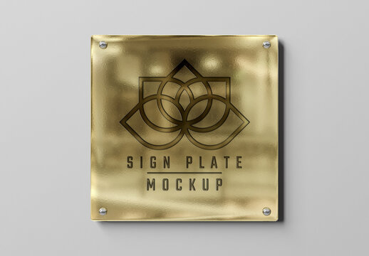 Squared Gold Sign Plate on White Wall Mockup