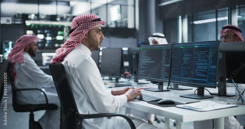Aufkleber Middle Eastern Engineer Working on Desktop Computer in a Technological Corporate Office. Manager Working with Colleagues on Innovative Internet and Software as a Service Project