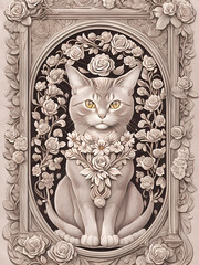 Woodcut of cat with classical floral elements, decorative design, classical ornament, roses, leaves, flowers, buds, flower, generative ai generativ ki