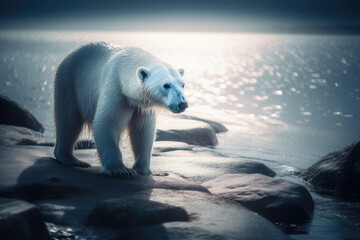 A Polar Bear Standing on A Rock Near The Water at Night Time, With The Sun Shining on The Water Behind It Climate Changes Generative AI