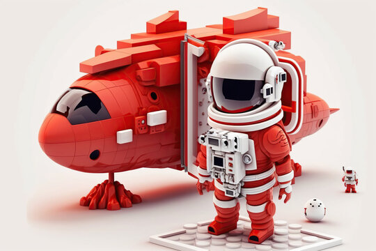 Isometric composition with red astronaut in spacesuits a spaceship on white background, planet, icon, Space exploration, AI Generative
