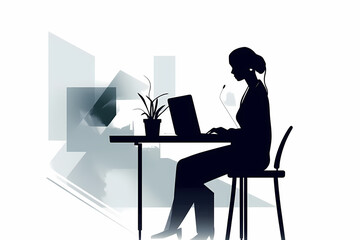 monochrome artwork of a woman working on a laptop