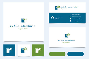 Mobile advertising logo design with editable slogan. Branding book and business card template.