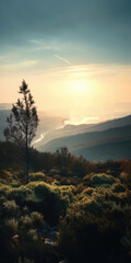 A Lone Tree Stands in The Middle of A Field With A View of The Ocean and Mountains in The Distance at Sunset Time, With A Few Clouds in Climate Changes Generative AI