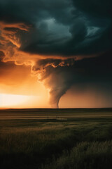 A Large Funnel Cloud Is Seen in The Distance As The Sun Sets Over A Field of Grass and A Distant Sky With A Few Clouds in The Distance Climate Changes Generative AI
