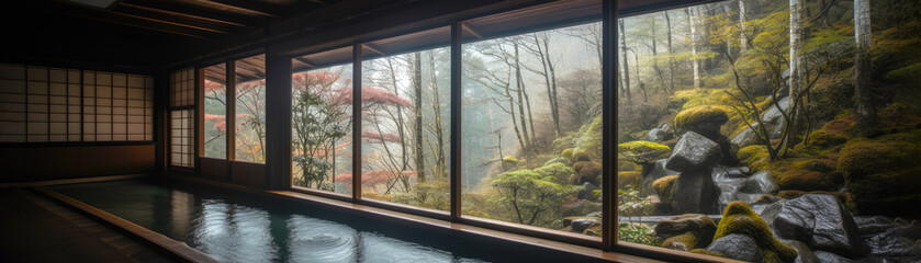  Japanese onsen ryokan. large bath. Japanese baths using hot water from geothermally heated springs. Tradaitonal style architecture ryokan. Wide format. Generative AI.  - obrazy, fototapety, plakaty