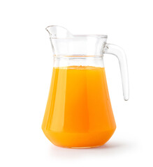 Natural squeezed orange juice in glass pitcher isolated on white background. Clipping path.