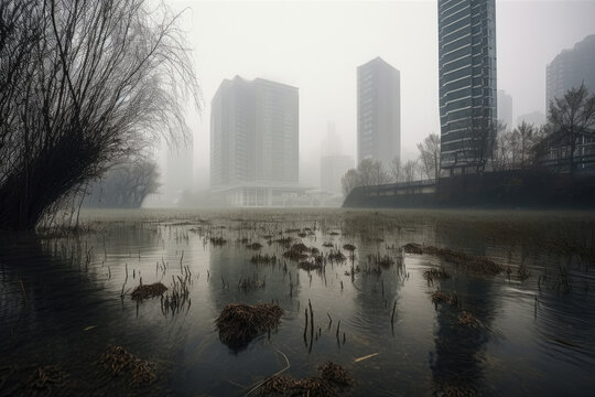 A Flooded Area With A Bunch of Tall Buildings in The Background and A Tree  With Water and Grass  Climate Changes Generative AI