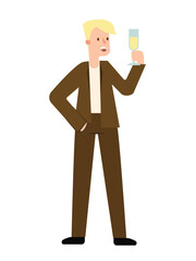 Concept Office party people men. This is a flat vector cartoon illustration on a white background, featuring a happy man holding a goblet at an office party. Vector illustration.