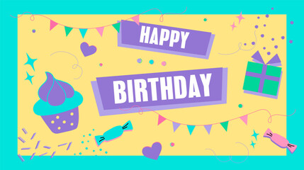Vibrant Happy Birthday poster. Retro vibes 90s card.