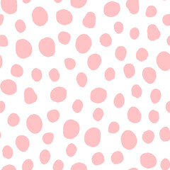 Seamless neutral polka dots pattern. Gentle pink hand-drawn circles on white background. Abstract Random points ornament. Vector rose illustration for wallpaper, fabric, print, wrapping paper, textile