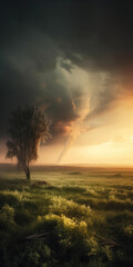 Fototapeta premium A Lone Tree in A Field With A Sky Background and A Storm Coming in From The Horizon Behind It and A Single Tree and A Dark Sky Climate Changes Generative AI
