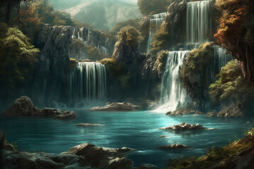 Fantasy landscape with waterfalls surraunded roacks at sunset. Generative AI