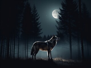 A lone wolf howling at the full moon in the dark forest