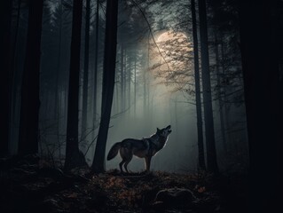 A lone wolf howling at the full moon in the dark forest