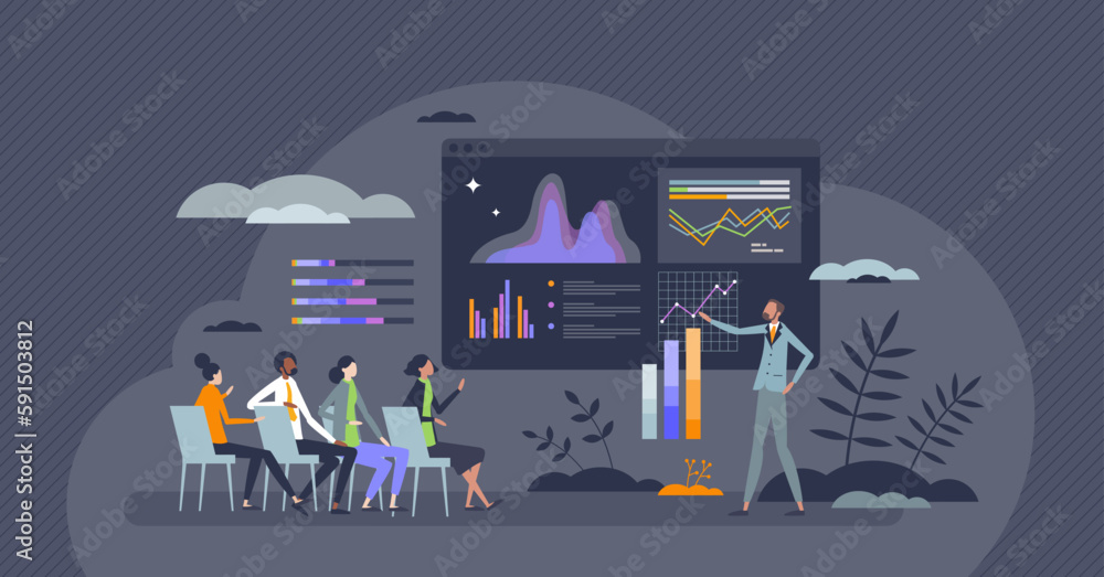 Poster data analysis presentation as research information report tiny person concept. business analytic cha