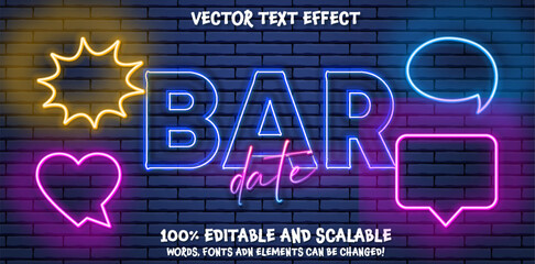Happy hour neon sign on dark background. Vector illustration. Bar date
