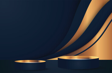 Golden and Blue Cylinder Podium - Luxury Blank Stage for Product Display