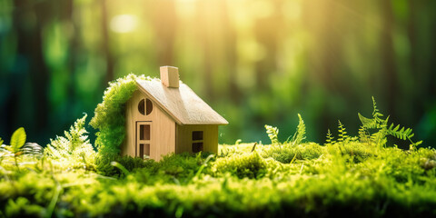  Eco house. Green and environmentally friendly housing concept. Miniature wooden house in spring grass, moss and ferns on a sunny day