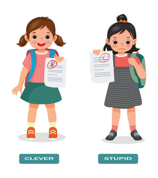 Opposite words antonym clever and stupid with little girls holding test result paper