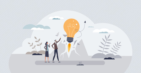 Disruptive innovation with breakthrough change effect tiny person concept. Effective, fast and powerful product with creative project launch vector illustration. New solution as upward bulb movement.