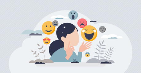 Emotional intelligence and ability to read emotions tiny person concept. Psychological feeling with mental understanding about emotional expression vector illustration. Self temper recognition skills. - obrazy, fototapety, plakaty