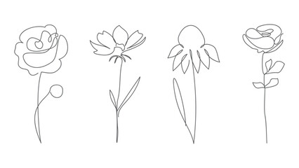 Flower set. Continuous outline style. Vector illustration