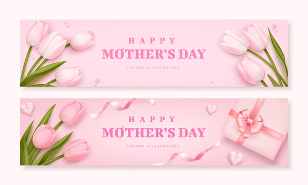 Mother's day horizontal banner or billboard with realistic tulips, hearts, ribbons and gift box on pink background. Vector illustration