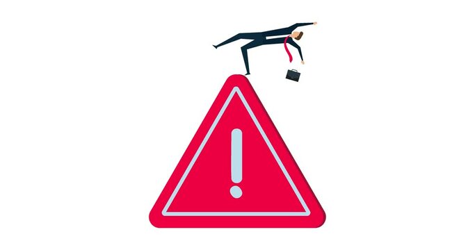 4k motion design of Mistake caution, businessman slip falling on exclamation symbol beware, careful caution sign.