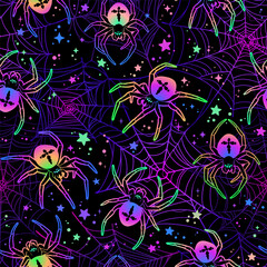 Seamless pattern of multi-colored spiders crawling on the web