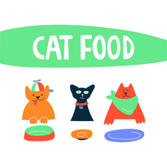 Three adorable cats are sit and waiting for food. Hand drawn cartoon flat vector illustration. Cat feeding, cat food banner with lettering.