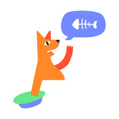 The impudent hungry red cat demands food. The cat is holding a bowl and asking for food. Speech bubble with fish skeleton. Hand drawn cartoon vector drawing. Domestic cat feeding, cat food.