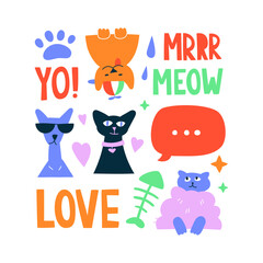 Bright vector collection with funny cats and doodles. Decorative abstract square banner with colorful designs. Hand drawn modern cartoon illustration with cats, lettering, abstract elements.