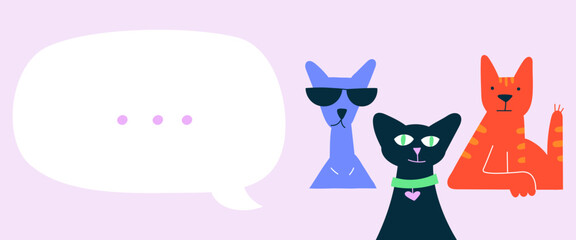 Three cheeky domestic cats sit and look straight ahead. Horizontal banner with space for text in speech bubble. Hand drawn cartoon flat vector illustration.