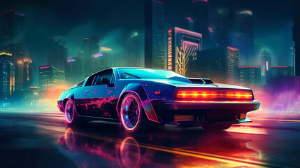 Synthwave Car in the neon futuristic city. AI generated