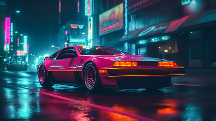 Synthwave Car in the neon futuristic city. AI generated