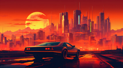 Obraz na płótnie Canvas Sleek futuristic concept car from the 80s racing toward the city full of skyscrapers and neon lights. AI generated