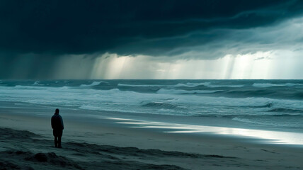 Lonely sad depressed man standing in front of stormy cold ocean. Big black dramatic rainy clouds above the water