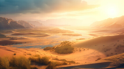 Fototapeta na wymiar Sunset in the sprawling sandy desert, a mirage of a lush oasis.