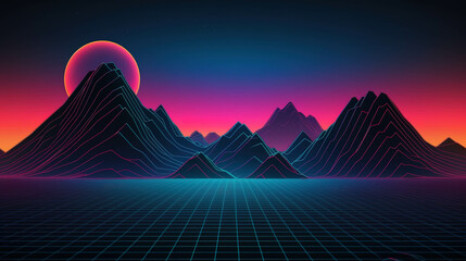 Synthwave sunset background 80s. Low poly landscape, neon lights. AI generated