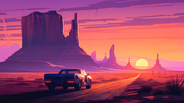Sleek futuristic concept car from the 80s racing toward the city full of skyscrapers and neon lights. AI generated