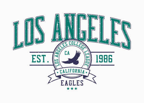 Los Angeles, California college style print for t-shirt with eagle. Typography graphics for college or university tee shirt design. Vintage sport apparel print with eagle and grunge. Vector.