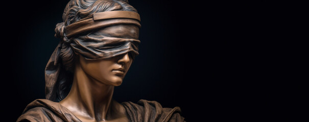 3D illustration of blindfolded Lady Justice. Close up visage of a sculpture of lady justice. Space for text, black background, isolated. - obrazy, fototapety, plakaty