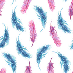 Watercolor seamless pattern with purple and blue feathers on white background. Boho illustration for mustic blog, prints, card, fabric, fashion, wrapping paper, phone cases.
