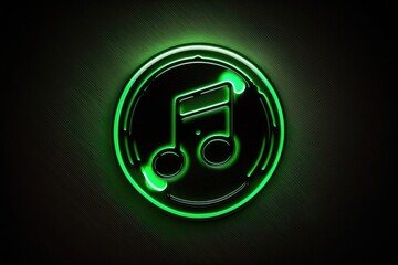 Green neon music note icon on dark background