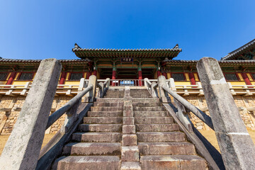 Front of The Yeonhwagyo and Chilbogyo Bridges in Bulguska Temple, Gyeongju city, South Korea. UNESCO World Heritage site.